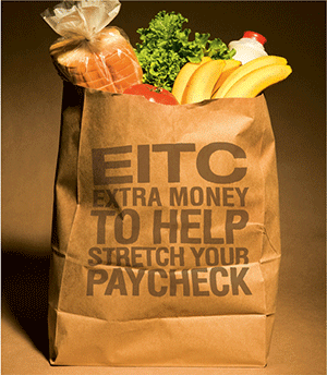 EITC extra money to help stretch your paycheck on a grocery bag