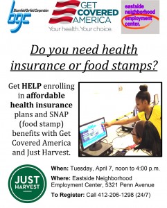 Flyer for Bloomfield-Garfield Corporation Apr. 7 health insurance and food stamps enrollment event