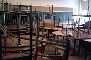 Stacked furniture in closed school | WBEZ/Linda Lutton