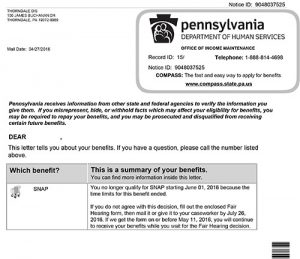 Example of food stamps termination notice to DHS clients