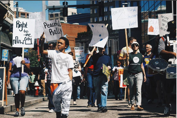 Affordable housing advocates and city residents march through Downtown Pittsburgh on Sep. 20, 2016 as part of a National Renters Day of Action
