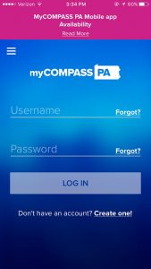 myCOMPASS PA mobile app log in screen