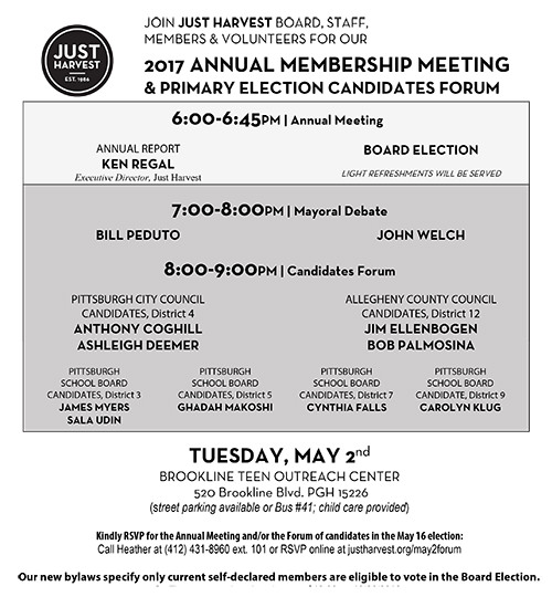 Details about Just Harvest's May 2 Annual Member Meeting and Primary Election Candidates Forum