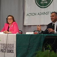 City Council District 4 candidates Ashleigh Deemer and Anthony Coghill at our May 2 Candidates Forum on Hunger and Poverty