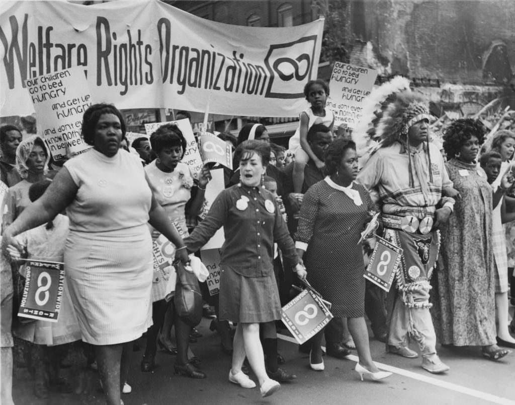 Organizers and volunteers from the National Welfare Rights Organization, marching to end hunger in 1968.