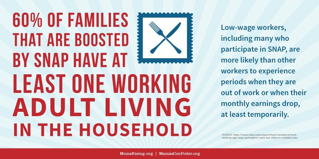 60% of families that are boosted by SNAP have at least one working adult living in the household. Low-wage workers, including many who participate in SNAP, are more likely than other workers to experience periods when they are out of work or their earnings drop.
