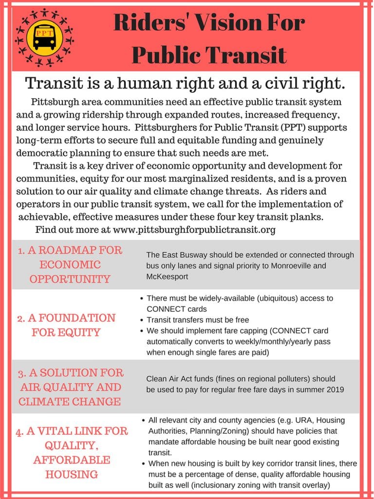 Transit is a human right and a civil right. Pittsburghers for Public Transit's 4-part Riders' Vision for Public Transit in Allegheny County