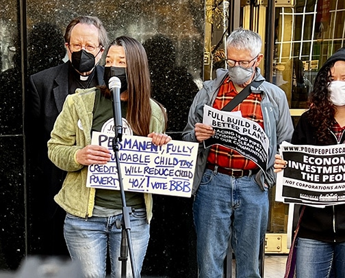 Our grassroots organizer Dana Dolney at the Poor People's Campaign Build Back Better rally in front of Sen. Toomey's downtown Pittsburgh office