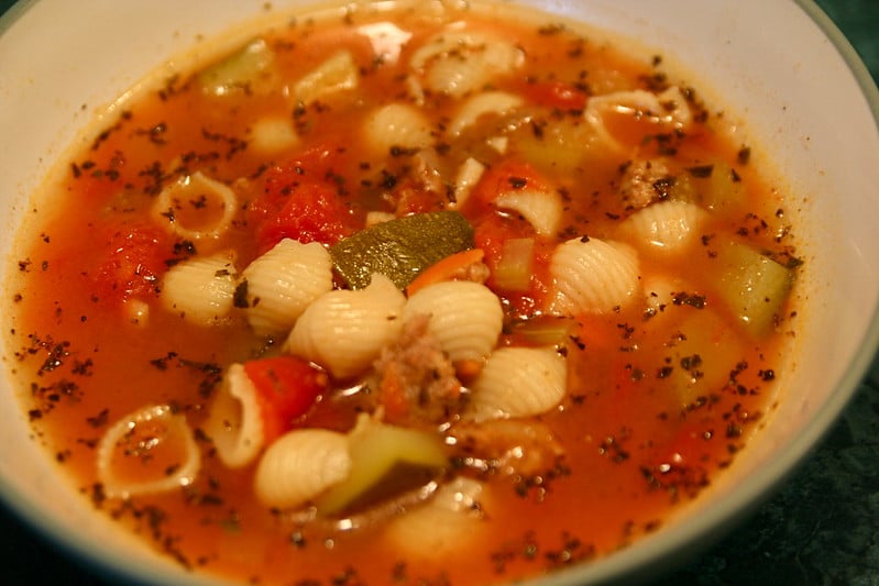 a bowl of Zucchini Sausage Vegetable Pasta Soup via Steven Depolo/flickr