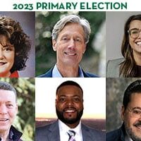 2023 Primary Election headshots for Allegheny County Executive candidates Theresa Sciulli Colaizzi, Dave Fawcett, Sara Innamorato, Michael Lamb, Will Parker, and John Weinstein