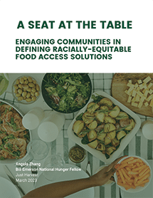 Cover page of the report: A Seat at the Table: Engaging Communities in Defining Racially-Equitable Food Access Solutions. Title above an image of a table set with dishes of prepared foods.