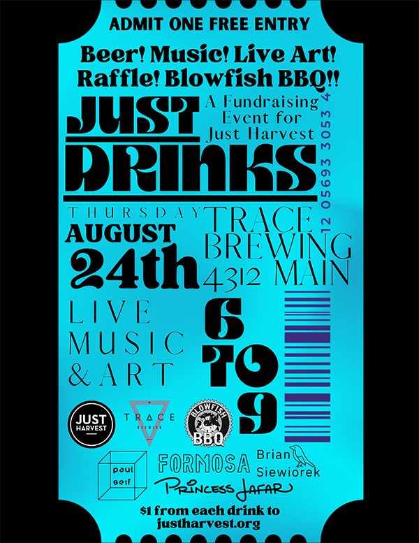 A ticket stub with the text: Beer! Music! Live Art! Raffle! Blowfish BBQ!!